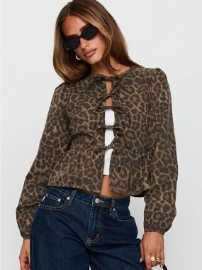 Princess Polly Brown Leopard Print Long Sleeve Tie-Front Top